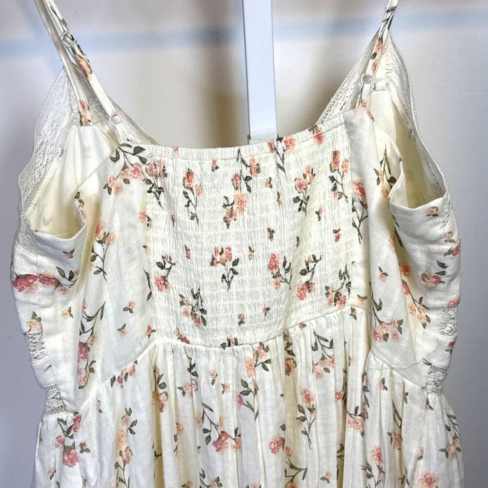 Floral Babydoll Maxi Dress Button Front Lace Ruffle Cottagecore Lined Stretch Ba - Picture 8 of 10